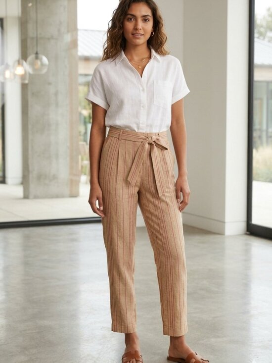Banana Republic Pants - Banana Republic Avery Petite 6P Linen Blend Cropped Pants Tan Red Stripe Belt